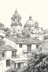 Villa Canales, Guatemala, black and white pen pencil hand-drawn effect portrait drawing illustration for travel poster, card, wallpaper, backdrop or banner. Modern, clear, artistic and simple