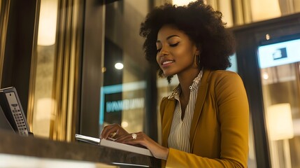 Sticker - Smiling woman in a yellow jacket signs a document.