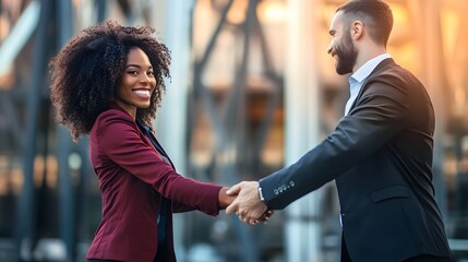 Smiling businesswoman shakes hands with a man in a suit.