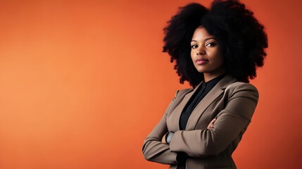 Canvas Print - Confident woman with arms crossed in front of an orange background.