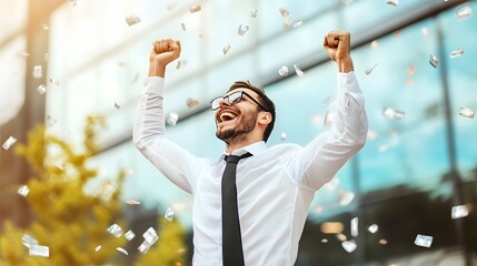 Wall Mural - A man in a white shirt and tie celebrates a victory with confetti falling around him.