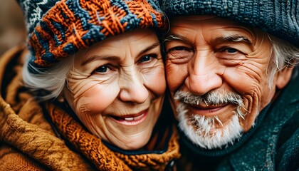 Joyful elder couple embracing in warm attire, capturing the essence of love and companionship in a heartfelt close-up portrait