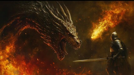 Wall Mural - A Knight Stands Against a Fire-Breathing Dragon in a Blazing Inferno