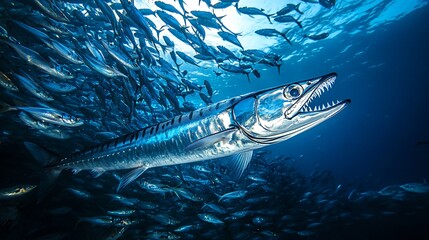 Wall Mural - A barracuda with its mouth open swims through a school of fish in the ocean.