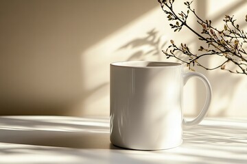 Minimalistic white blank coffee mug with smooth surface for customizable designs in bright natural light new beautiful stock image illustration AI