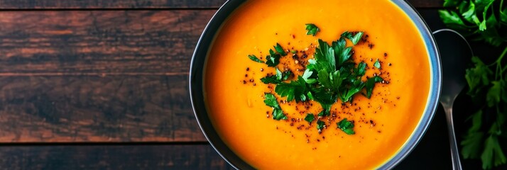 A bowl of creamy orange soup topped with fresh herbs, perfect for a comforting and flavorful meal.