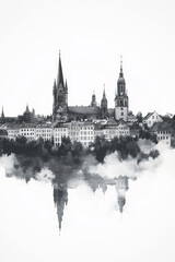 Wiesbaden, Germany, black and white pen pencil hand-drawn effect portrait drawing illustration for travel poster, card, wallpaper, backdrop or banner. Modern, clear, artistic and simple