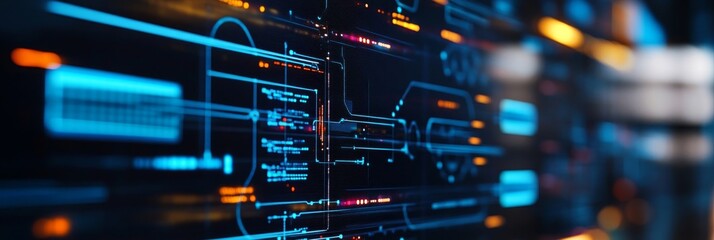 Wall Mural - A close-up of a computer screen displaying a digital flowchart interface with lines, nodes, and data visualizations, representing complex processes and workflows.