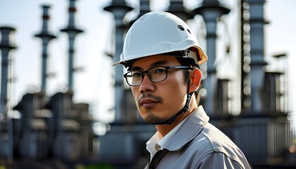 Focused male engineer in white helmet and glasses overseeing operations at a power plant