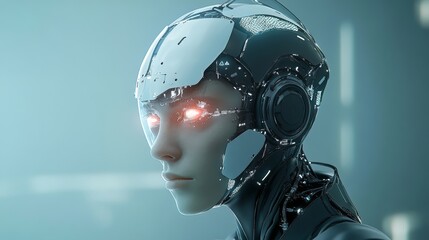 A close-up portrait of a cybernetic humanoid with glowing red eyes, representing the intersection of technology and humanity, artificial intelligence, the future of humans, advanced robotics, and digi