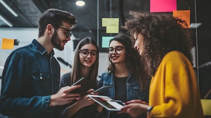 Wall Mural - Four Young Adults Collaborating with Tablets and Sticky Notes