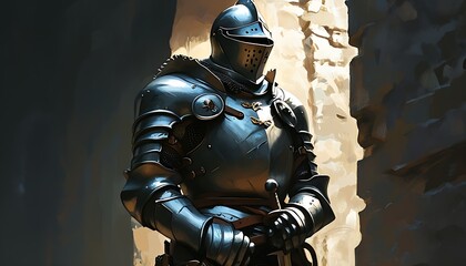 Wall Mural - A knight in armor stood in the darkness, holding weapons in his hand, showing courage and strength.