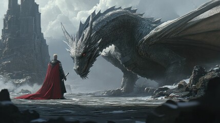 Poster - A Knight Stands Before a Majestic Silver Dragon