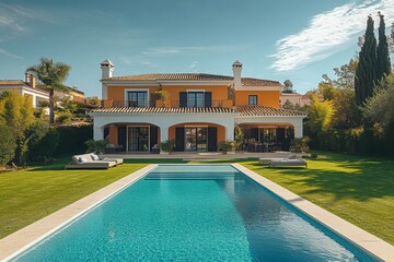 A beautiful white villa in the Algarve, Portugal with a large lawn and swimming pool