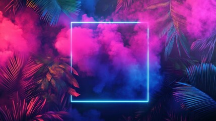 Sticker - Neon Frame Surrounded by Tropical Palm Leaves and Smoke