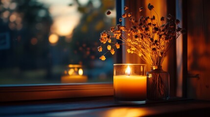 a warm and inviting scene of a lit candle in a glass jar on a windowsill, accompanied by a vase of d