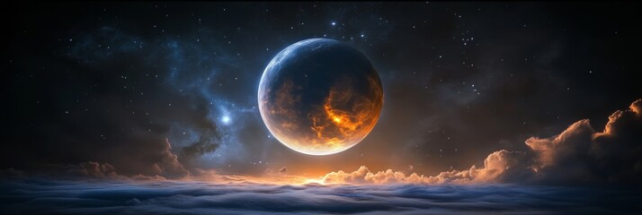Wall Mural - celestial body rising over clouds: a majestic celestial body, with fiery hues, ascends over a sea of