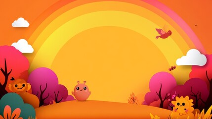 Colorful cartoon animals in a papercut landscape with a rainbow, clouds, and trees.  Perfect for children's books, websites, and social media.