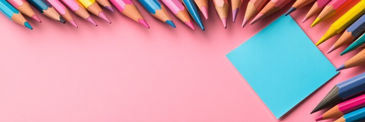 Colorful pencils frame a blank note on a pink background, symbolizing creativity, education, new beginnings, organization, and potential.