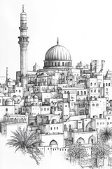 Canvas Print - Zarqa, Jordan, black and white pen pencil hand-drawn effect portrait drawing illustration for travel poster, card, wallpaper, backdrop or banner. Modern, clear, artistic and simple