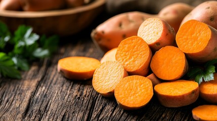 Fresh sweet potatoes cut open, showcasing their vibrant orange flesh, perfect for a healthy and delicious snack or meal. They're a great source of vitamins, minerals, and fiber.