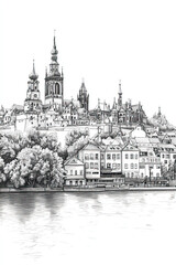 Canvas Print - Zwickau, Germany, black and white pen pencil hand-drawn effect portrait drawing illustration for travel poster, card, wallpaper, backdrop or banner. Modern, clear, artistic and simple