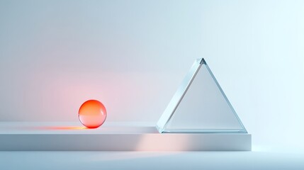 Poster - Minimalist abstract illustration featuring a red sphere and a glass pyramid, symbolizing balance, geometry, simplicity, reflection, and light.