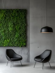 Modern office interior design featuring two black leather chairs, a green wall, and a concrete accent wall. This space exudes a minimalist and stylish aesthetic, perfect for inspiring creativity and p