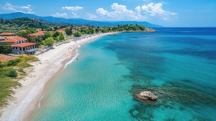 Wall Mural - Turquoise sea washing sandy beach on sunny summer day in greece