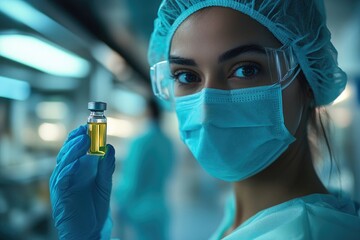 Aufkleber - Female scientist holding vial in modern laboratory wearing medical mask