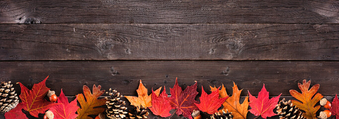 Canvas Print - Colorful autumn leaves, nuts and pine cones. Bottom border over a rustic dark wood banner background. Top view with copy space.