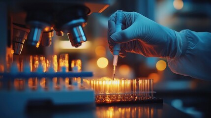 Aufkleber - Scientist analyzing samples under microscope in laboratory at night