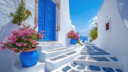 Poster - Picturesque alley leading to blue door with flower pots in greece