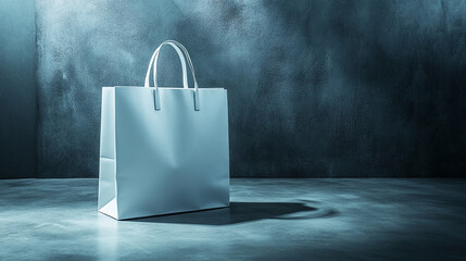 shopping bag mockup stands on a concrete floor with soft lighting casting shadows. The minimalist design and neutral tones symbolize consumerism, sustainability, and simplicity in modern retail