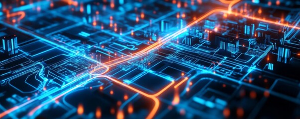 Holographic city map, digital navigation paths, smart urban planning