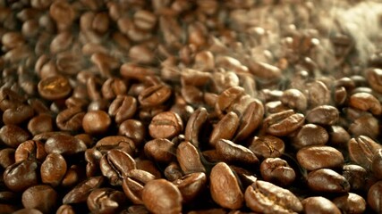 Fototapete - Super Slow Motion of Coffee Beans Rotating in Roasting Grinder. Concept of Roasting Coffee Beans. Filmed on High Speed Cinema Camera, 1000 fps.