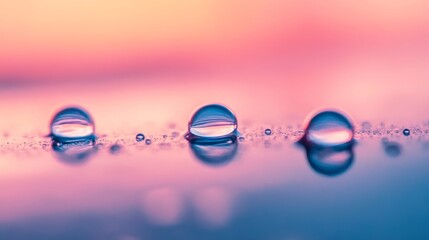 Aufkleber - Water droplets on a reflective surface with pastel background, macro photography concept