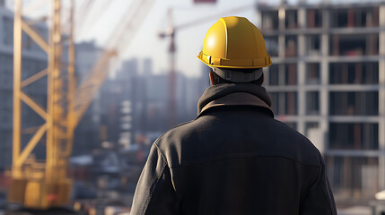 A construction worker with a yellow hard hat, facing away and looking at some construction