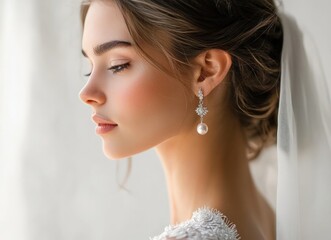 A bride in a white dress and veil looking off into the distance.