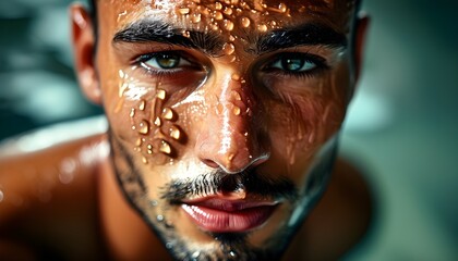 Wall Mural - Sweaty Close-Up of a Handsome Mans Face for Advertising Purposes