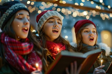 Wall Mural - Three young girls are singing Christmas carols while holding books, generative ai image