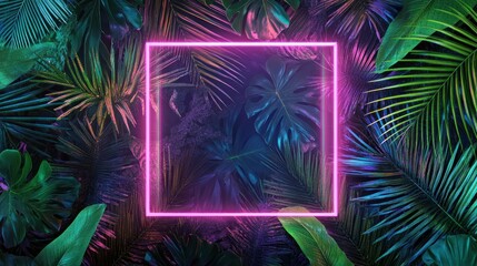 Wall Mural - Tropical Leaves and a Glowing Neon Pink Frame