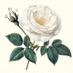 Wall Mural - A detailed illustration of a white rose with leaves.