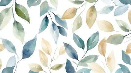 Wall Mural - A serene watercolor leaf pattern in shades of green, blue, light brown, and gray, creating a seamless design on a white background