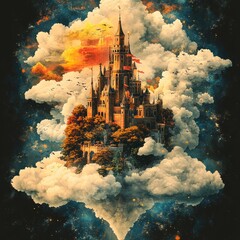 Sticker - A fantastical castle floating among clouds and stars.