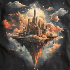 Wall Mural - A fantastical castle floating amidst clouds and reflections.