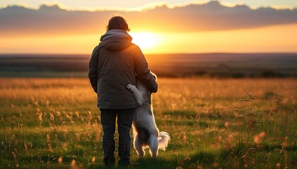 Wall Mural - In the sunset, standing alone on the open grass, hugging a puppy, a peaceful and warm memory of nature.