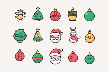 Playful Christmas Icon Set with Santa, Snowmen, Ornaments, and Holiday Symbols for Digital and Print