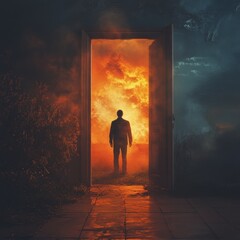 Poster - A figure stands at an open door amidst fiery chaos.