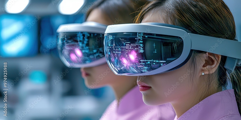 Women wearing futuristic VR headsets in a modern lab, exploring ...
